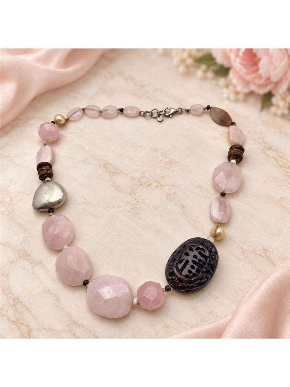 Silpada Rose Quartz Pearl Carved Palm Wood 925 Sterling Necklace 19 In